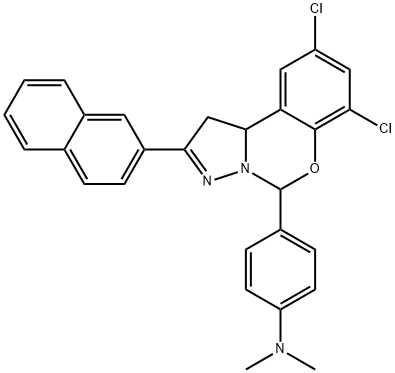 4-[10,12-dichloro-4-(naphthalen-2-yl)-8-oxa-5,6-diazatricyclo[7.4.0.0^{2,6}]trideca-1(9),4,10,12-tetraen-7-yl]-N,N-dimethylaniline Struktur