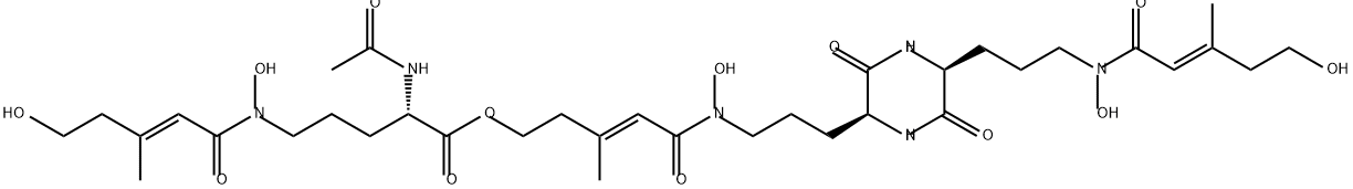 L-Ornithine, N2-acetyl-N5-hydroxy-N5-[(2E)-5-hydroxy-3-methyl-1-oxo-2-penten-1-yl]-, (3E)-5-[hydroxy[3-[(2S,5S)-5-[3-[hydroxy[(2E)-5-hydroxy-3-methyl-1-oxo-2-penten-1-yl]amino]propyl]-3,6-dioxo-2-piperazinyl]propyl]amino]-3-methyl-5-oxo-3-penten-1-yl ester Struktur