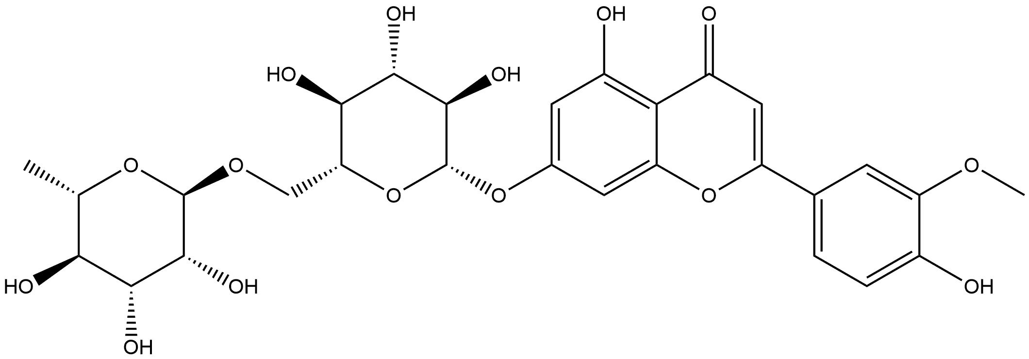 4H-1-Benzopyran-4-one, 7-[[6-O-(6-deoxy-α-L-mannopyranosyl)-β-D-glucopyranosyl]oxy]-5-hydroxy-2-(4-hydroxy-3-methoxyphenyl)- Struktur