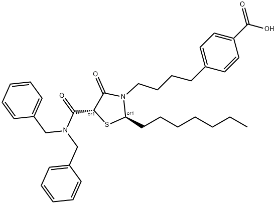 Benzoic acid, 4-[4-[(2R,5R)-5-[[bis(phenylmethyl)amino]carbonyl]-2-heptyl-4-oxo-3-thiazolidinyl]butyl]-, rel- Struktur