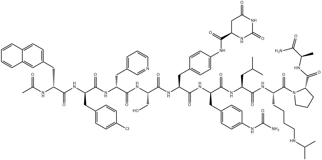 D-Alaninamide, N-acetyl-3-(2-naphthalenyl)-D-alanyl-4-chloro-D-phenylalanyl-3-(3-pyridinyl)-D-alanyl-L-seryl-4-[[[(4R)-hexahydro-2,6-dioxo-4-pyrimidinyl]carbonyl]amino]-L-phenylalanyl-4-[(aminocarbonyl)amino]-D-phenylalanyl-L-leucyl-N6-(1-methylethyl)-L-lysyl-L-prolyl- Struktur