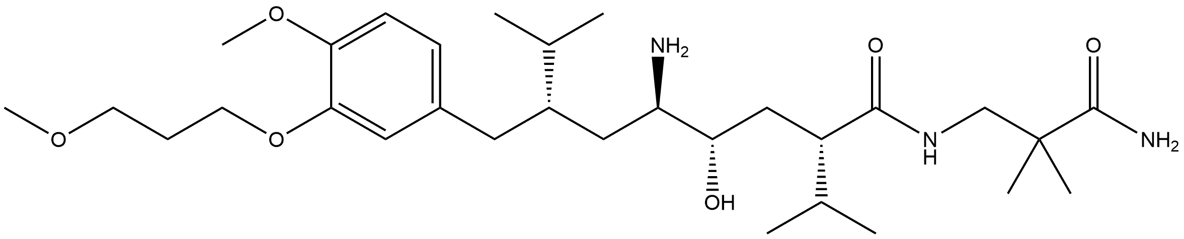 Benzeneoctanamide, δ-amino-N-(3-amino-2,2-dimethyl-3-oxopropyl)-γ-hydroxy-4-methoxy-3-(3-methoxypropoxy)-α,ζ-bis(1-methylethyl)-, (αS,γS,δR,ζS)- Struktur