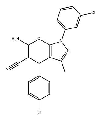 Pyrano[2,3-c]pyrazole-5-carbonitrile, 6-amino-1-(3-chlorophenyl)-4-(4-chlorophenyl)-1,4-dihydro-3-methyl- Struktur