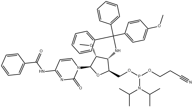 Cytidine, N-?benzoyl-?3'-?deoxy-?3'-?[[(4-?methoxyphenyl)?diphenylmethyl]?amino]?-?2'-?O-?methyl-?, 5'-?[2-?cyanoethyl bis(1-?methylethyl)?phosphoramidite] (9CI) Struktur