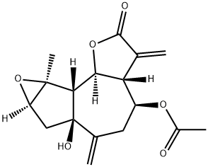 Dodecahydro-4-acetoxy-6a-hydroxy-8a-methyl-3,6-bis(methylene)oxireno[2,3]azuleno[4,5-b]furan-2-one Struktur