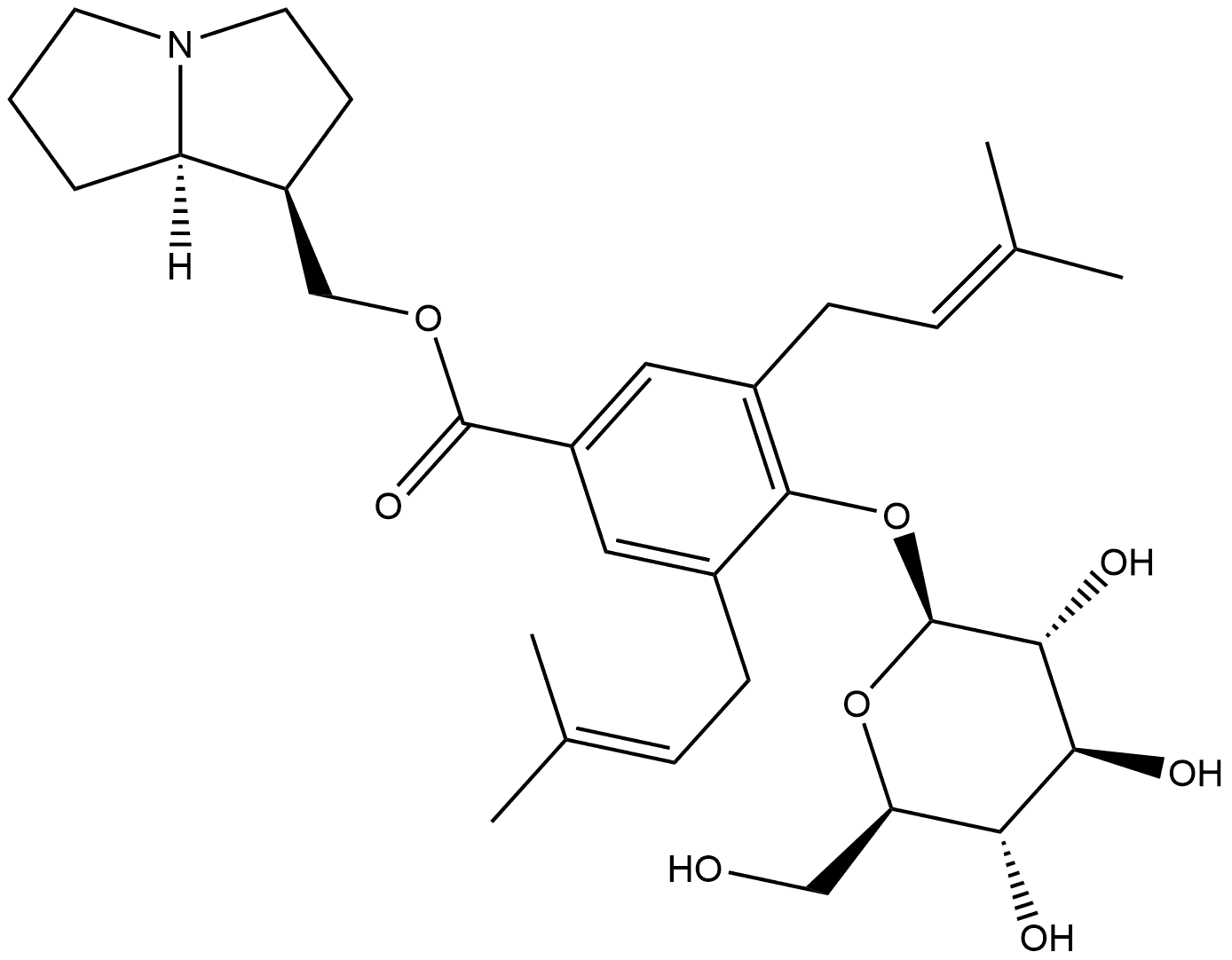 4-(β-D-Glucopyranosyloxy)-3,5-bis(3-methyl-2-butenyl)benzoic acid [(4S,5β)-1-azabicyclo[3.3.0]octan-4-yl]methyl ester Struktur