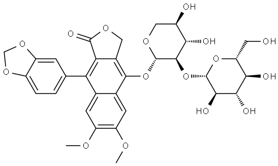 Naphtho[2,3-c]furan-1(3H)-one, 9-(1,3-benzodioxol-5-yl)-4-[(2-O-β-D-glucopyranosyl-β-D-xylopyranosyl)oxy]-6,7-dimethoxy- Struktur