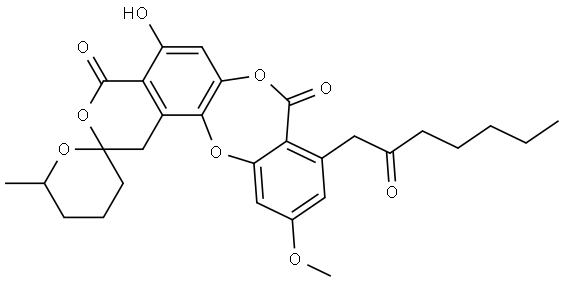 Spiro[2H,8H-[1,4]benzodioxepino[2,3-f][2]benzopyran-2,2'-[2H]pyran]-4,8(1H)-dione, 3',4',5',6'-tetrahydro-5-hydroxy-11-methoxy-6'-methyl-9-(2-oxoheptyl)- Struktur