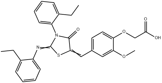 Acetic acid, 2-[4-[[3-(2-ethylphenyl)-2-[(2-ethylphenyl)imino]-4-oxo-5-thiazolidinylidene]methyl]-2-methoxyphenoxy]- Struktur