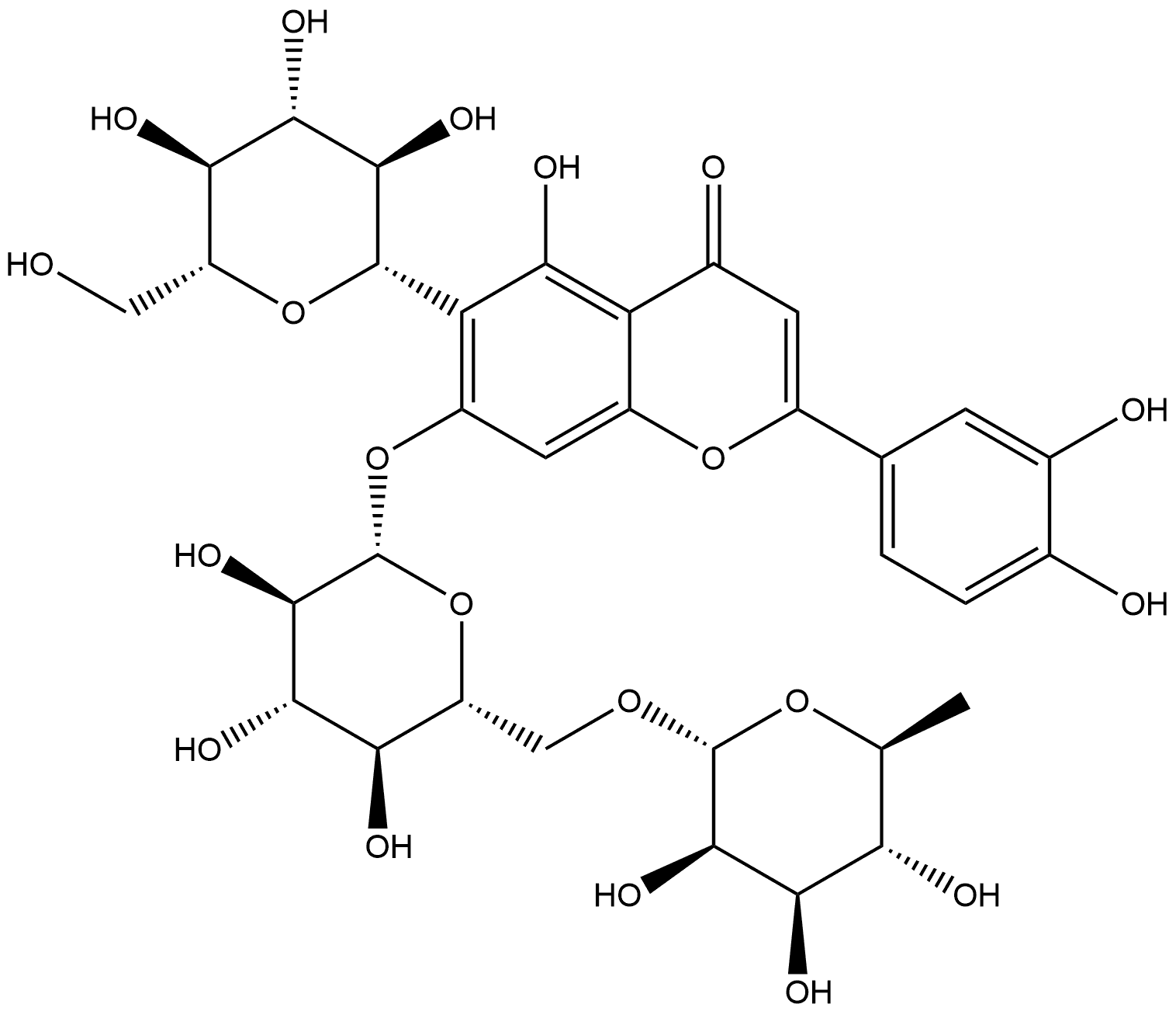 4H-1-Benzopyran-4-one, 7-[[6-O-(6-deoxy-α-L-mannopyranosyl)-β-D-glucopyranosyl]oxy]-2-(3,4-dihydroxyphenyl)-6-β-D-glucopyranosyl-5-hydroxy- Struktur