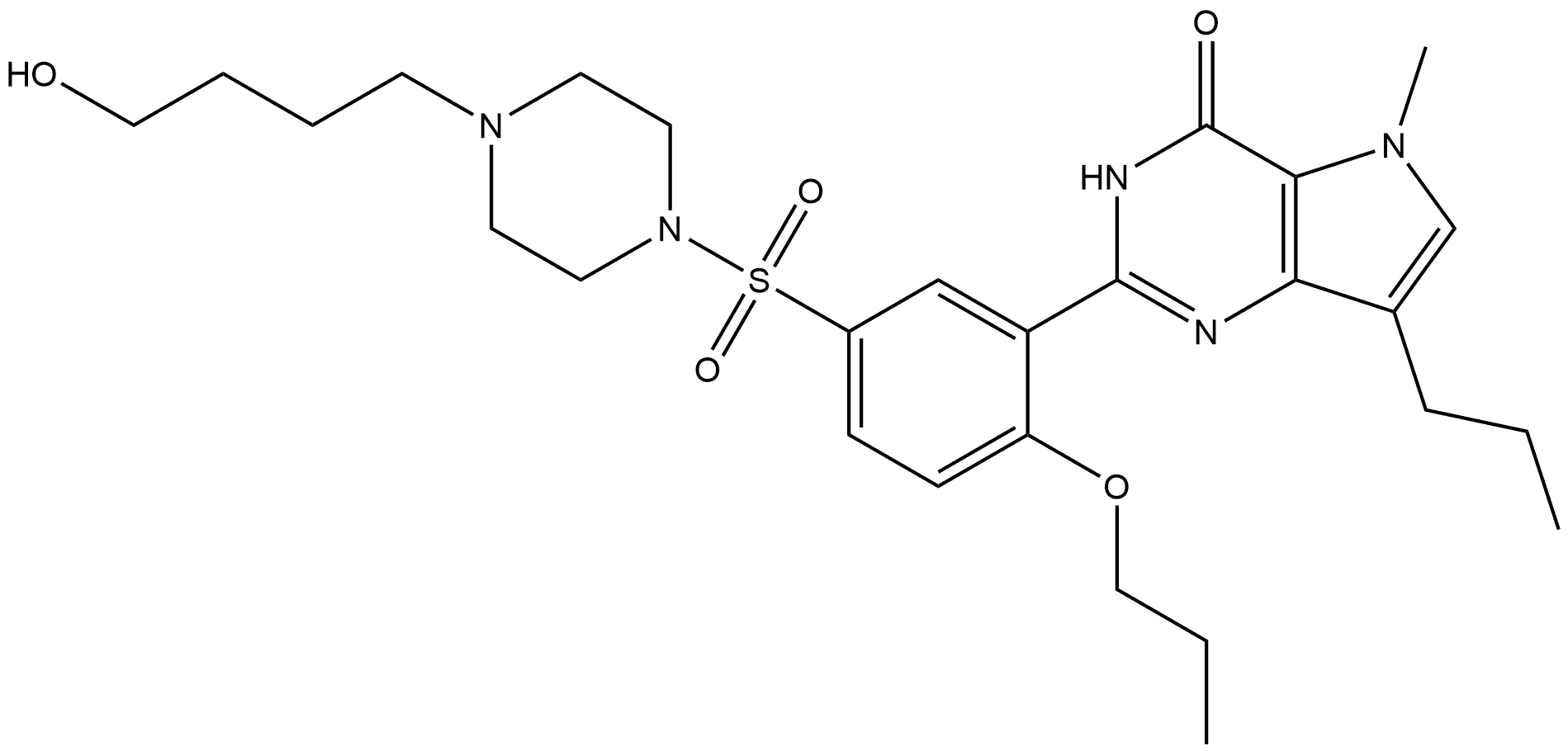 3,5-Dihydro-2-[5-[[4-(4-hydroxybutyl)-1-piperazinyl]sulfonyl]-2-propoxyphenyl]-5-methyl-7-propyl-4H-pyrrolo[3,2-d]pyrimidin-4-one Struktur