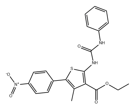 3-Thiophenecarboxylic acid, 4-methyl-5-(4-nitrophenyl)-2-[[(phenylamino)carbonyl]amino]-, ethyl ester Struktur