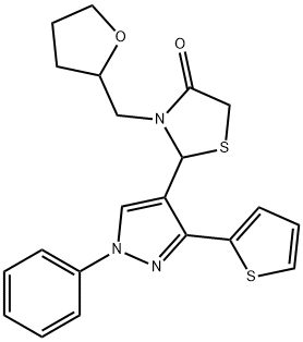 4-Thiazolidinone, 2-[1-phenyl-3-(2-thienyl)-1H-pyrazol-4-yl]-3-[(tetrahydro-2-furanyl)methyl]- Struktur