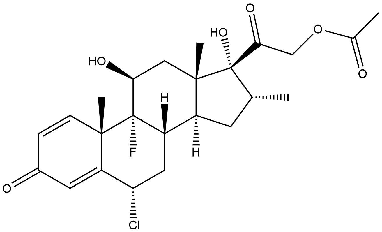 Pregna-1,4-diene-3,20-dione, 6α-chloro-9-fluoro-11β,17,21-trihydroxy-16α-methyl-, 21-acetate (7CI,8CI) Struktur