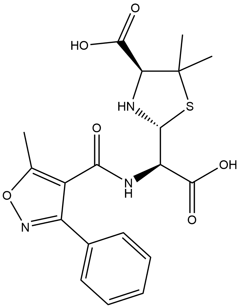 2-Thiazolidineacetic acid, 4-carboxy-5,5-dimethyl-α-[[(5-methyl-3-phenyl-4-isoxazolyl)carbonyl]amino]-, (αR,2R,4S)- Struktur