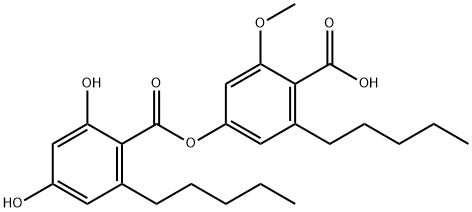 Benzoic acid, 2,4-dihydroxy-6-pentyl-, 4-carboxy-3-methoxy-5-pentylphenyl ester Struktur