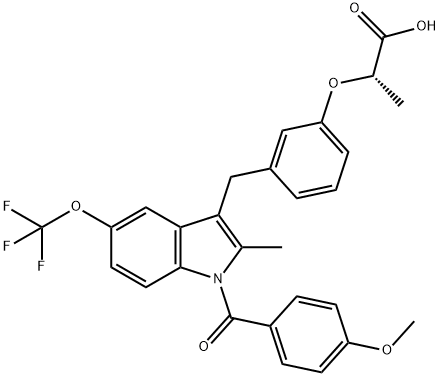 Propanoic acid, 2-[3-[[1-(4-methoxybenzoyl)-2-methyl-5-(trifluoromethoxy)-1H-indol-3-yl]methyl]phenoxy]-, (2S)- Struktur