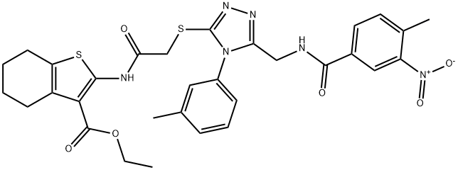 Benzo[b]thiophene-3-carboxylic acid, 4,5,6,7-tetrahydro-2-[[2-[[5-[[(4-methyl-3-nitrobenzoyl)amino]methyl]-4-(3-methylphenyl)-4H-1,2,4-triazol-3-yl]thio]acetyl]amino]-, ethyl ester Struktur