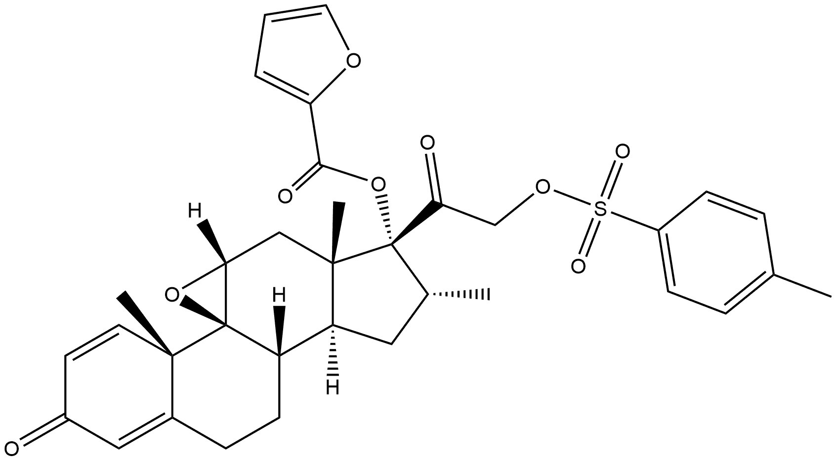 (4aS,4bS,5aS,6aS,7R,8R,9aS,9bS)-4a,6a,8-trimethyl-2-oxo-7-(2-(tosyloxy)acetyl)-2,4a,5a,6,6a,7,8,9,9a,9b,10,11-dodecahydrocyclopenta[1,2]phenanthro[4,4a-b]oxiren-7-yl furan-2-carboxylate Struktur