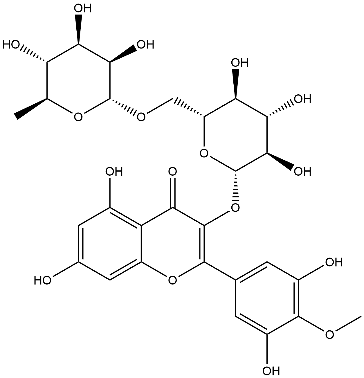 4H-1-Benzopyran-4-one, 3-[[6-O-(6-deoxy-α-L-mannopyranosyl)-β-D-glucopyranosyl]oxy]-2-(3,5-dihydroxy-4-methoxyphenyl)-5,7-dihydroxy- Struktur