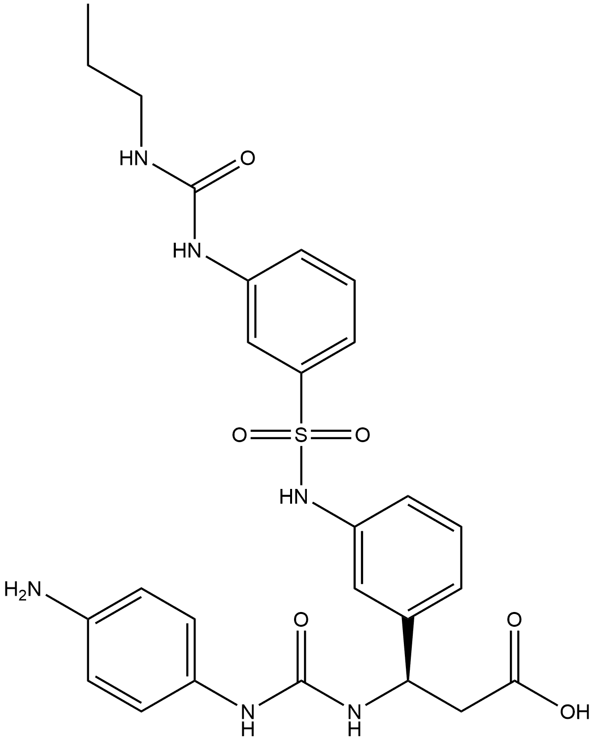 Benzenepropanoic acid, β-[[[(4-aminophenyl)amino]carbonyl]amino]-3-[[[3-[[(propylamino)carbonyl]amino]phenyl]sulfonyl]amino]-, (βR)- Struktur