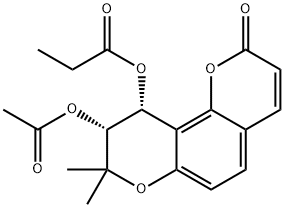 2H,8H-Benzo[1,2-b:3,4-b]dipyran-2-one, 9-(acetyloxy)-9,10-dihydro-8,8-dimethyl-10-(1-oxopropoxy)-, (9R,10R)- Struktur