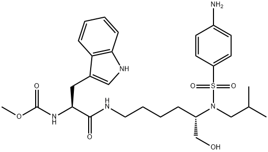 Carbamic acid, N-[(1S)-2-[[(5S)-5-[[(4-aminophenyl)sulfonyl](2-methylpropyl)amino]-6-hydroxyhexyl]amino]-1-(1H-indol-3-ylmethyl)-2-oxoethyl]-, methyl ester Struktur