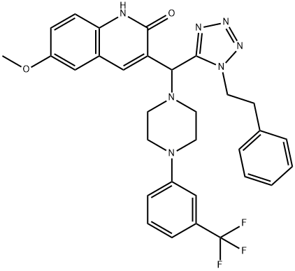 2(1H)-Quinolinone, 6-methoxy-3-[[1-(2-phenylethyl)-1H-tetrazol-5-yl][4-[3-(trifluoromethyl)phenyl]-1-piperazinyl]methyl]- Struktur