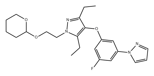 1H-Pyrazole, 3,5-diethyl-4-[3-fluoro-5-(1H-pyrazol-1-yl)phenoxy]-1-[2-[(tetrahydro-2H-pyran-2-yl)oxy]ethyl]- Struktur