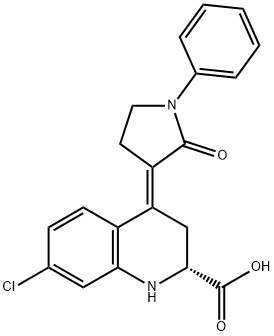 2-Quinolinecarboxylic acid, 7-chloro-1,2,3,4-tetrahydro-4-(2-oxo-1-phenyl-3-pyrrolidinylidene)-, (2R,4E)- Struktur