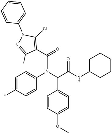 1H-Pyrazole-4-carboxamide,5-chloro-N-[2-(cyclohexylamino)-1-(4-methoxyphenyl)-2-oxoethyl]-N-(4-fluorophenyl)-3-methyl-1-phenyl-(9CI) Struktur