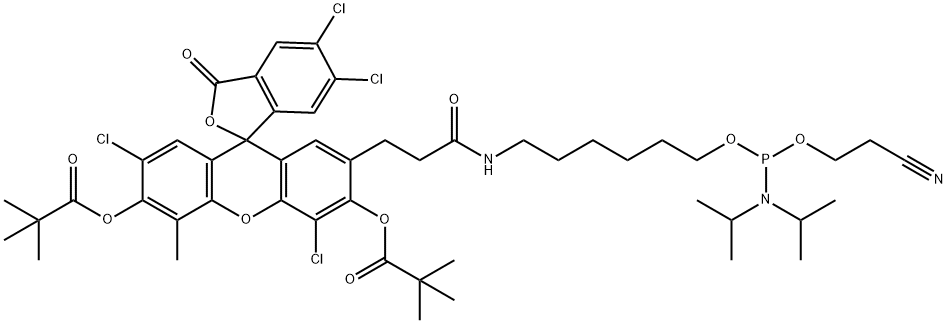 Propanoic acid, 2,2-dimethyl-, 1,1'-[2'-[12-[bis(1-methylethyl)amino]-15-cyano-3-oxo-11,13-dioxa-4-aza-12-phosphapentadec-1-yl]-4',5,6,7'-tetrachloro-5'-methyl-3-oxospiro[isobenzofuran-1(3H),9'-[9H]xanthene]-3',6'-diyl] ester Struktur