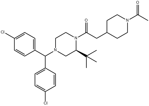 Ethanone, 2-(1-acetyl-4-piperidinyl)-1-[(2S)-4-[bis(4-chlorophenyl)methyl]-2-(1,1-dimethylethyl)-1-piperazinyl]- Struktur