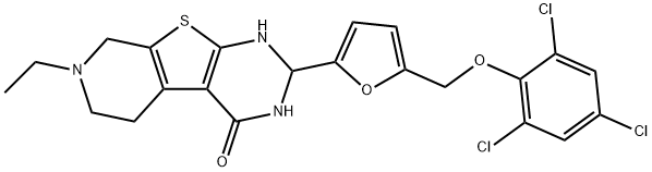 7-ethyl-2-[5-[(2,4,6-trichlorophenoxy)methyl]furan-2-yl]-1,2,3,5,6,8-hexahydropyrido[2,3]thieno[2,4-d]pyrimidin-4-one Struktur