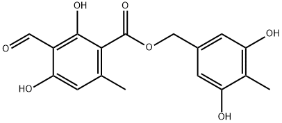 Benzoic acid, 3-formyl-2,4-dihydroxy-6-methyl-, (3,5-dihydroxy-4-methylphenyl)methyl ester Struktur