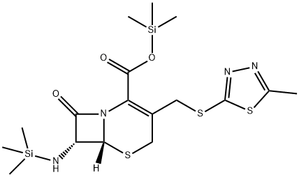 Trimethylsilyl (6R,7R)-3-(((5-Methyl-1,3,4-thiadiazol-2-yl)thio)methyl)-8-oxo-7-((trimethylsilyl)amino)-5-thia-1-azabicyclo[4.2.0]oct-2-ene-2-carboxylate Struktur