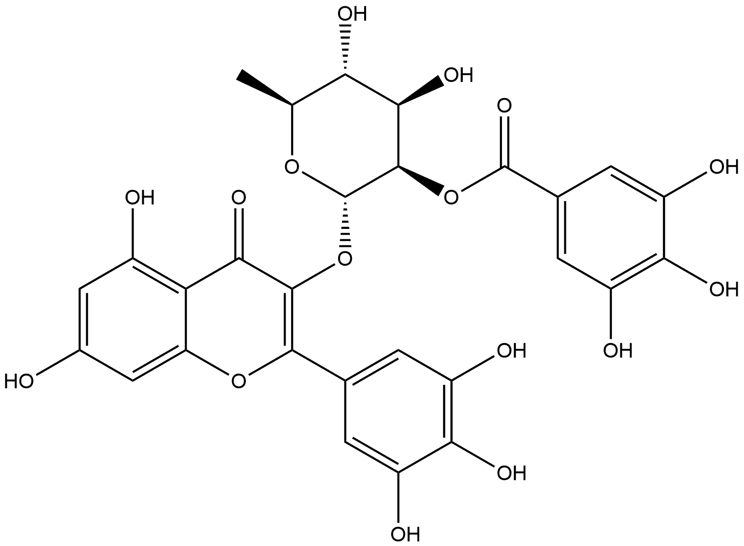 4H-1-Benzopyran-4-one, 3-[[6-deoxy-2-O-(3,4,5-trihydroxybenzoyl)-α-L-mannopyranosyl]oxy]-5,7-dihydroxy-2-(3,4,5-trihydroxyphenyl)- Struktur