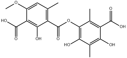 1,3-Benzenedicarboxylic acid, 2-hydroxy-4-methoxy-6-methyl-, 1-(3-carboxy-4,6-dihydroxy-2,5-dimethylphenyl) ester Struktur