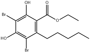 Benzoic acid, 3,5-dibromo-2,4-dihydroxy-6-pentyl-, ethyl ester Struktur