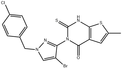 3-[4-bromo-1-[(4-chlorophenyl)methyl]pyrazol-3-yl]-6-methyl-2-sulfanylidene-1H-thieno[2,3-d]pyrimidin-4-one Struktur