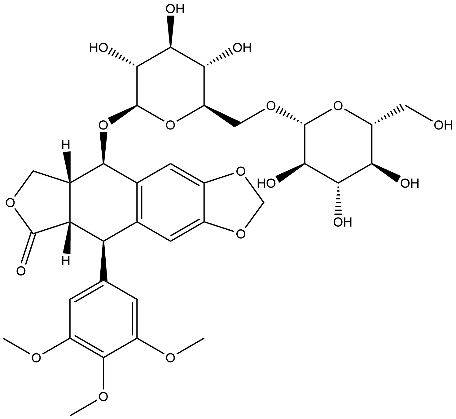 Furo[3',4':6,7]naphtho[2,3-d]-1,3-dioxol-6(5aH)-one, 9-[(6-O-β-D-glucopyranosyl-β-D-glucopyranosyl)oxy]-5,8,8a,9-tetrahydro-5-(3,4,5-trimethoxyphenyl)-, (5R,5aS,8aR,9R)- Struktur