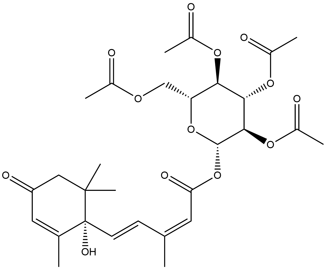 β-D-Glucopyranose, 2,3,4,6-tetraacetate 1-[(2Z,4E)-5-[(1S)-1-hydroxy-2,6,6-trimethyl-4-oxo-2-cyclohexen-1-yl]-3-methyl-2,4-pentadienoate] Struktur