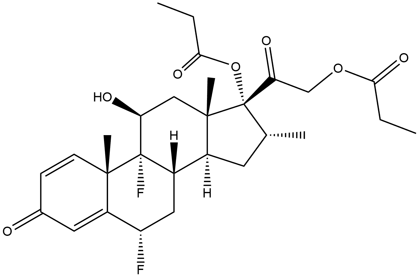 Pregna-1,4-diene-3,20-dione, 6,9-difluoro-11-hydroxy-16-methyl-17,21-bis(1-oxopropoxy)-, (6α,11β,16α)- (9CI) Struktur