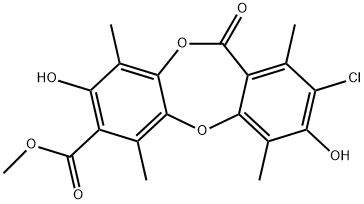 11H-Dibenzo[b,e][1,4]dioxepin-7-carboxylic acid, 2-chloro-3,8-dihydroxy-1,4,6,9-tetramethyl-11-oxo-, methyl ester Struktur