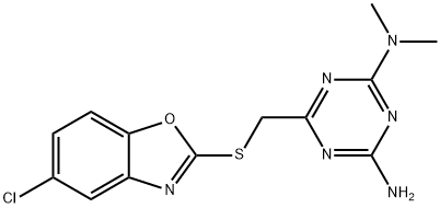 6-{[(5-chloro-1,3-benzoxazol-2-yl)sulfanyl]methyl}-N~2~,N~2~-dimethyl-1,3,5-triazine-2,4-diamine Struktur