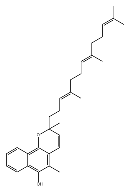 2H-Naphtho[1,2-b]pyran-6-ol, 2,5-dimethyl-2-[(3E,7E)-4,8,12-trimethyl-3,7,11-tridecatrienyl]- (9CI) Struktur