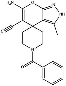 6-amino-3-methyl-2,4-dihydropyrano[2,3-c]pyrazole-5-carbonitrile-4-spiro-4'-(1'-benzoylpiperidine) Struktur