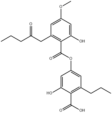 Benzoic acid, 2-hydroxy-4-[[2-hydroxy-4-methoxy-6-(2-oxopentyl)benzoyl]oxy]-6-propyl- Struktur