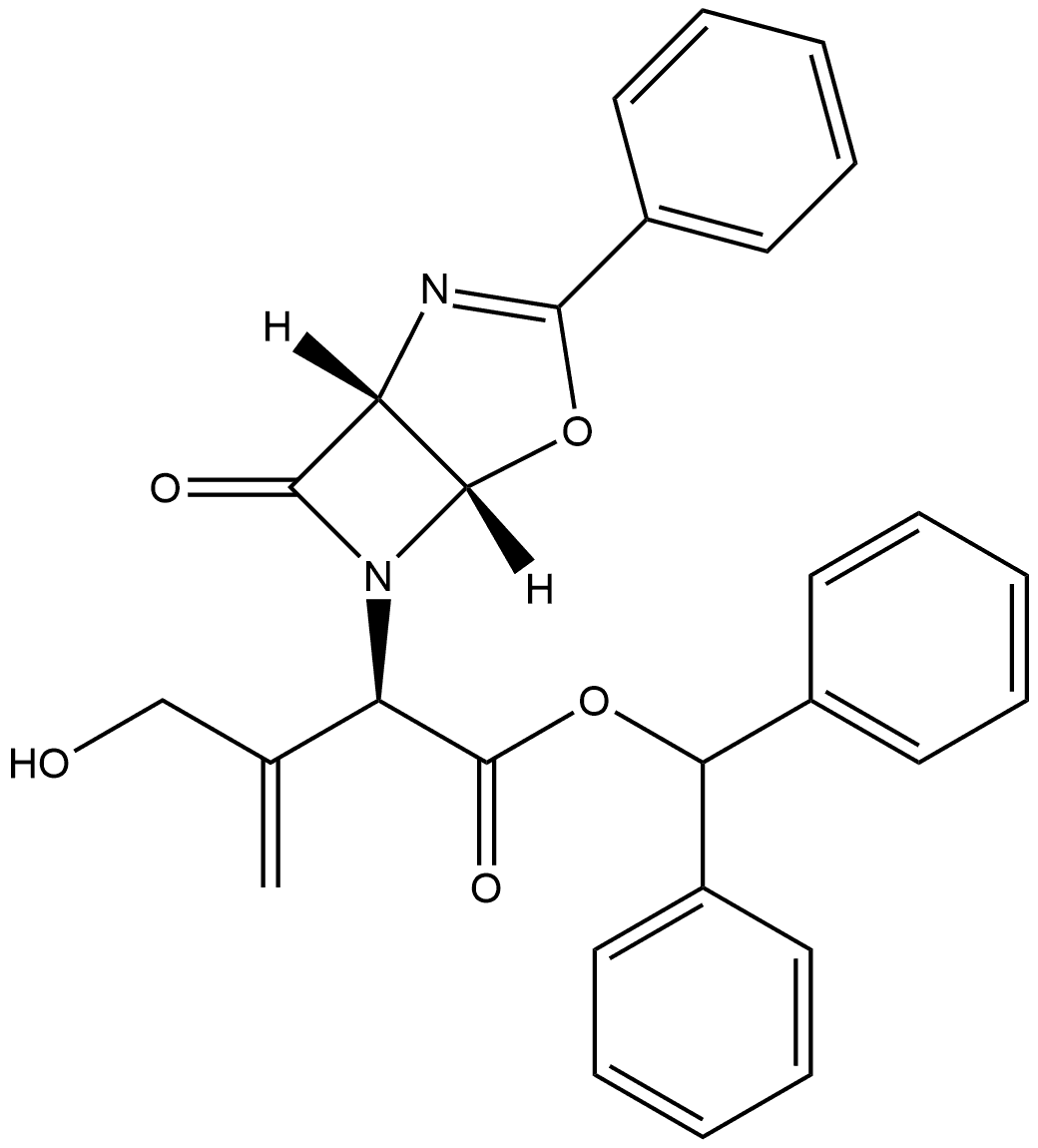 4-Oxa-2,6-diazabicyclo[3.2.0]hept-2-ene-6-acetic acid, α-[1-(hydroxymethyl)ethenyl]-7-oxo-3-phenyl-, diphenylmethyl ester, (αR,1R,5S)- Struktur