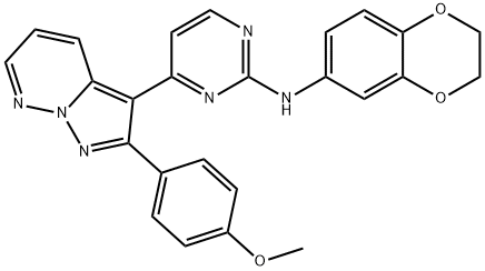 2-Pyrimidinamine, N-(2,3-dihydro-1,4-benzodioxin-6-yl)-4-[2-(4-methoxyphenyl)pyrazolo[1,5-b]pyridazin-3-yl]- Struktur